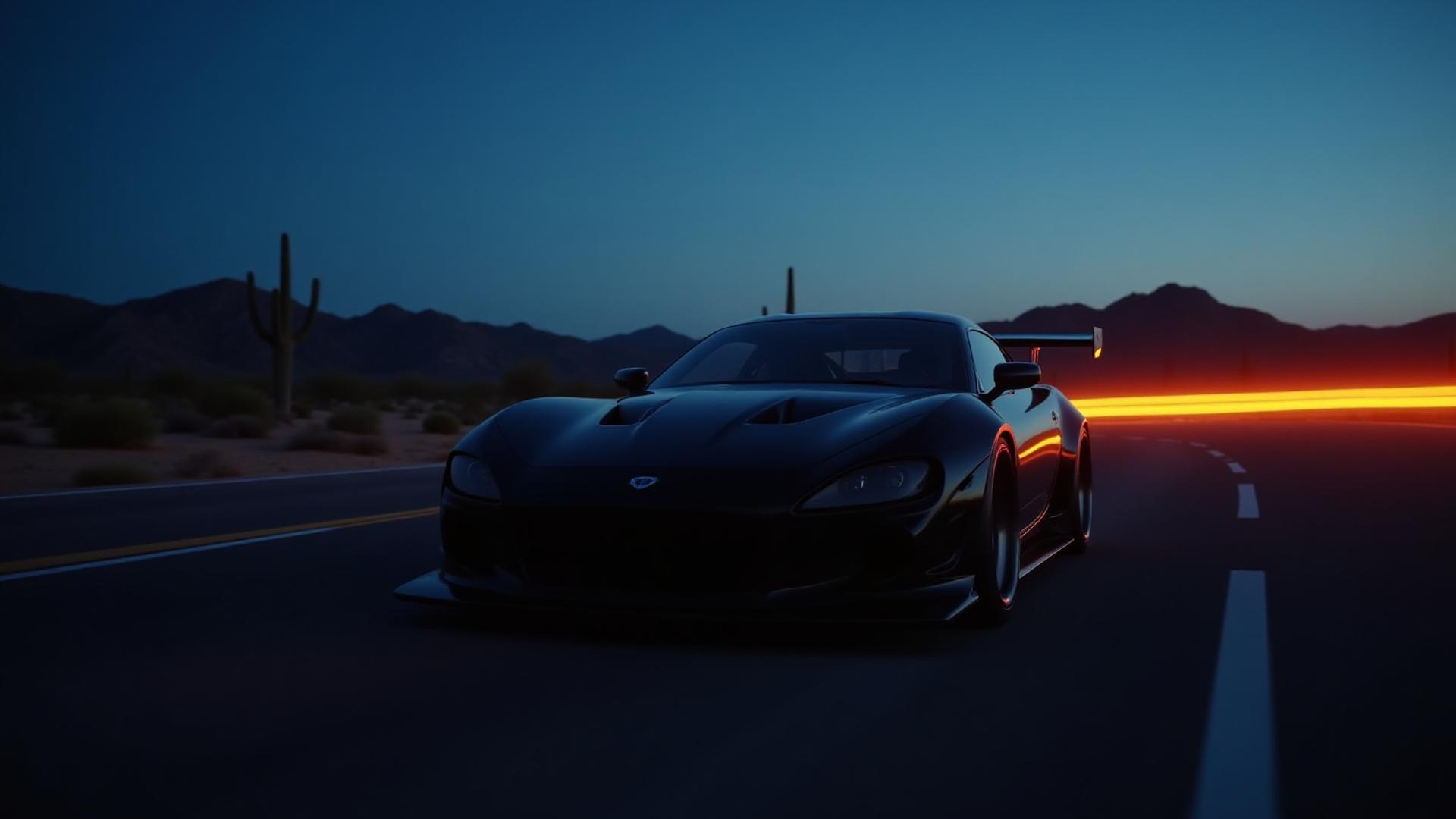 Phoenix desert landscape at dusk with a carbon fiber sports car silhouette