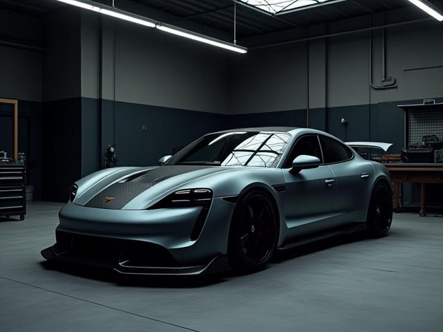Wide shot of a modified Porsche Taycan in a garage setting