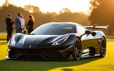 Luxury supercars displayed on the grass during Monterey Car Week