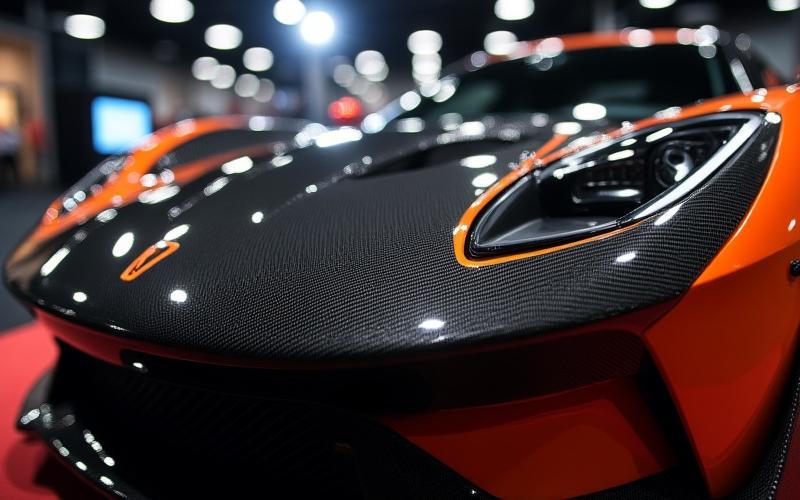 Close up detailed shot of a custom carbon fiber hood on a modified sports car at SEMA 2024