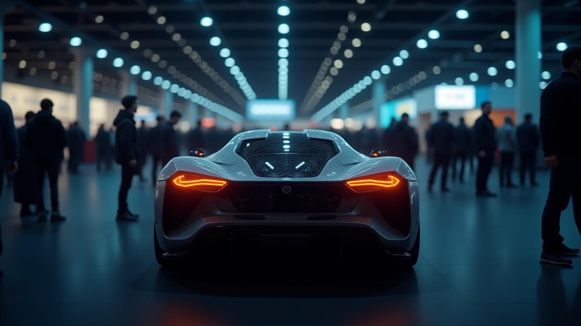 Wide angle shot of a high-tech automotive exhibition hall atmosphere