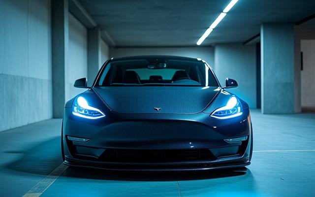 Modified electric vehicle with carbon fiber hood and splitter