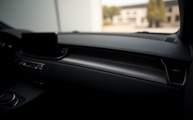 Sleek carbon fiber dashboard trim in a modern luxury car with ambient lighting