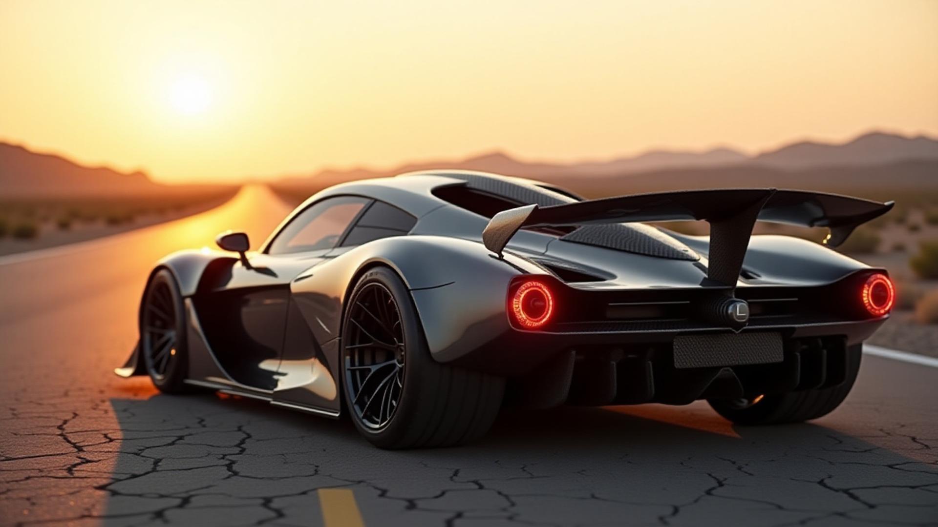 Close up of a high-performance vehicle carbon fiber hood reflecting the Phoenix desert sunset